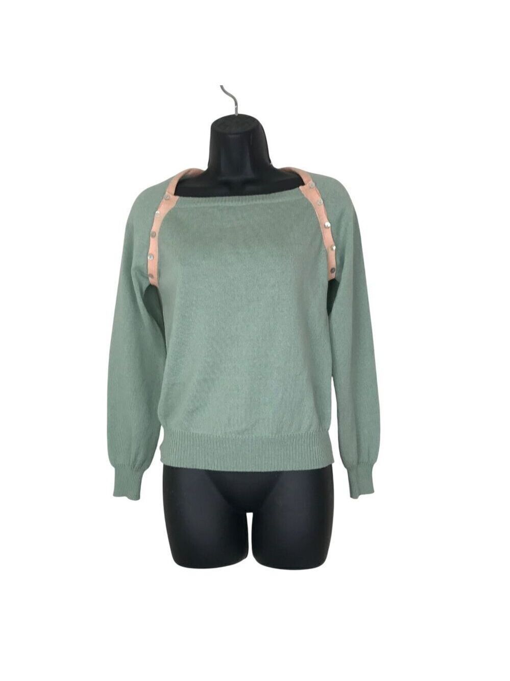 Paul & Joe Light Weight 100% Wool Boat Neck Sweater Green & Peach Size 2